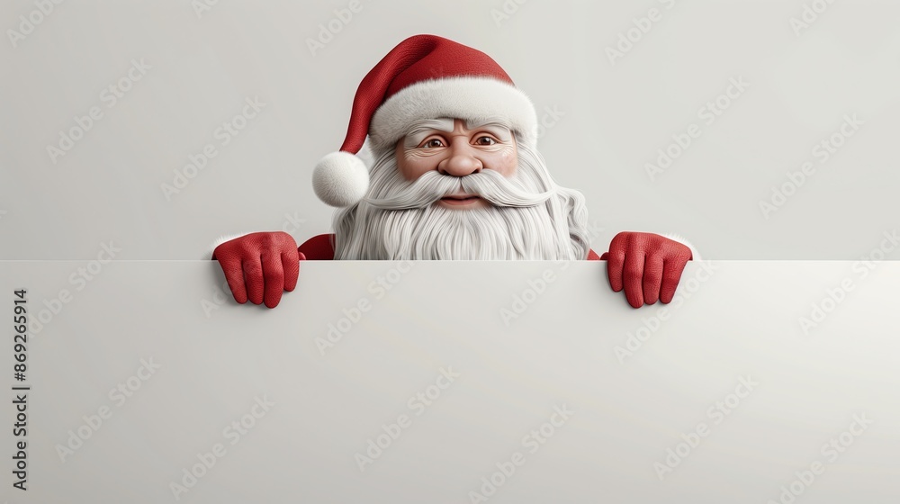 Naklejka premium A realistic of a modern Santa Claus peeking out from behind a white banner. Santa sports a sharp,