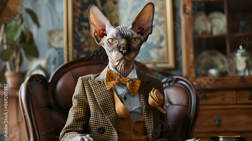 Sphynx cat in a brown jacket, sun glasses and bow,Portrait of a cat wearing glasses and a suit on a dark background,Cute little chihuahua dog wearing sunglasses sitting on a book in a room