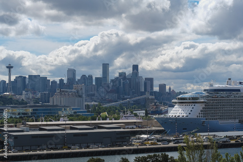 Modern Royal family cruiseships cruise ship ocean liners in port of Seattle, Washington State docked at terminal before Alaska summer cruising on sunny day