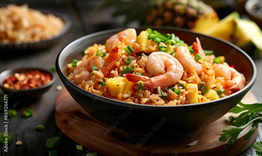 Thai fried rice with shrimps and pineapple, Generative AI Thai fried rice with shrimps and pineapple, Generative AI