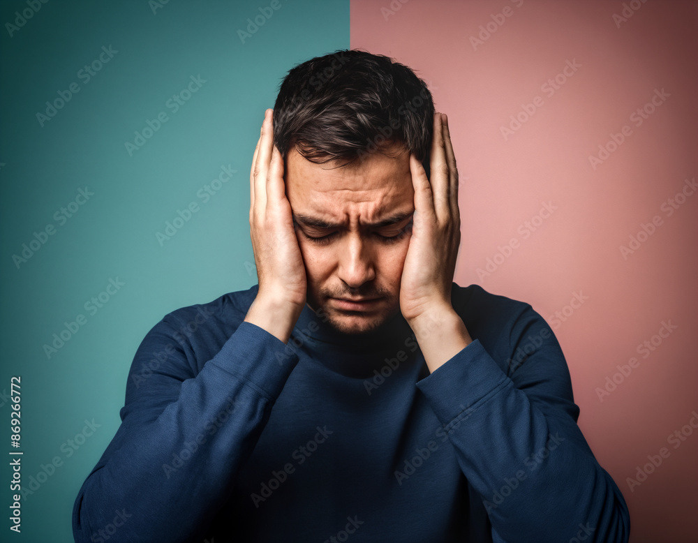 Man with hands on the sides of his head. Dark top with dual colored teal and pink background. Distress or headache with furrowed brow. Mental health. Man with hands on the sides of his head. Dark top with dual colored teal and pink background. Distress or headache with furrowed brow. Mental health.
