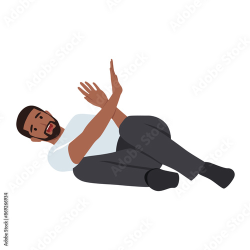 Fall bearded business man dodge something afraid. Flat vector illustration isolated on white background