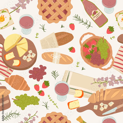 Food picnic seamless pattern vector illustration, charcuterie, cheese, fruits, wine, pie and bread