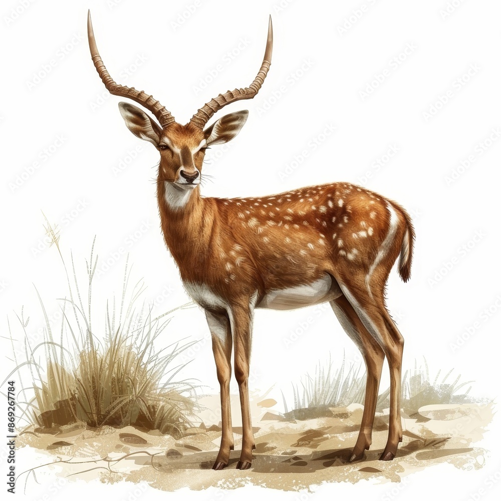 A deer with a large horn stands in a field of tall grass