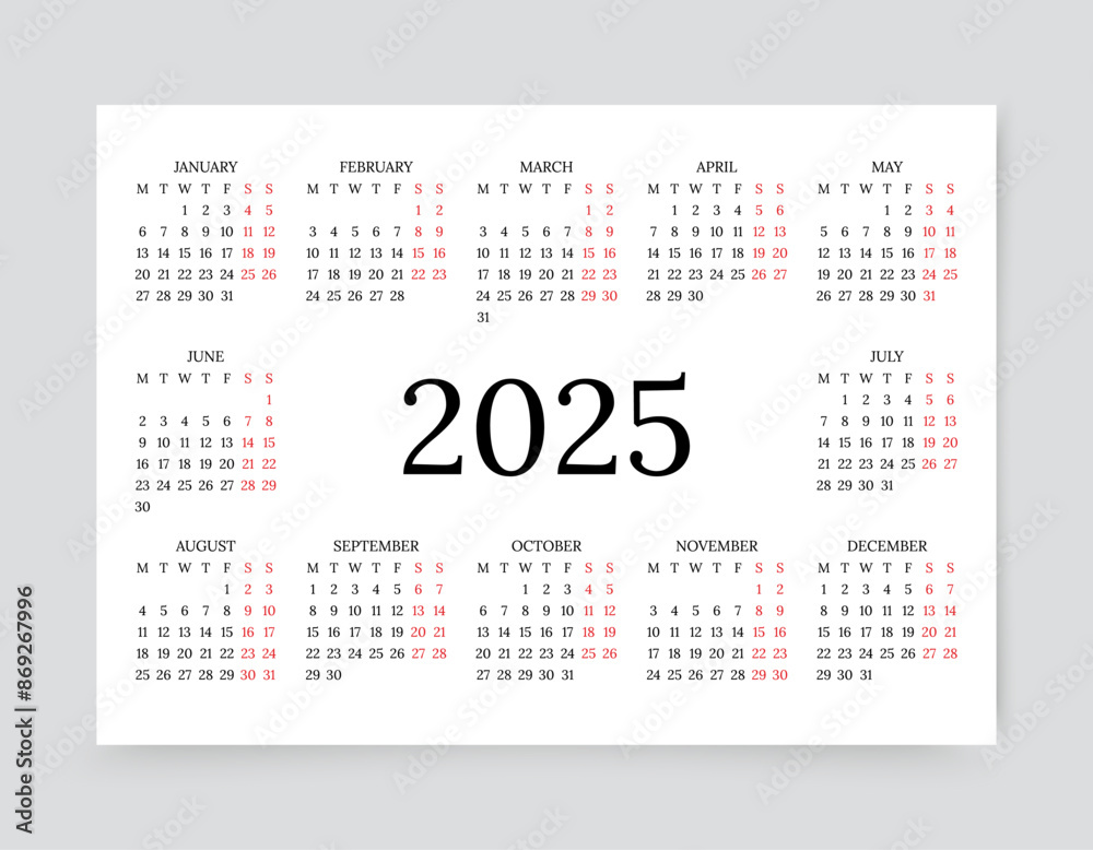 2025 year calendar. Calender layout. Week starts Monday. Monthly planner template with 12 months. Desk organizer grid in horizontal design, A4. Yearly stationery diary, English. Vector illustration 2025 year calendar. Calender layout. Week starts Monday. Monthly planner template with 12 months. Desk organizer grid in horizontal design, A4. Yearly stationery diary, English. Vector illustration