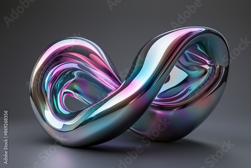 Smooth, glossy, metallic 3d sculpture with twisted loops and iridescent colors, futuristic design