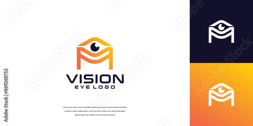 vision logo, letter m eye logo design