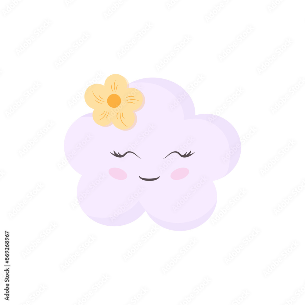 Hand drawn vector illustration of a cute funny cloud character decoration with flower. Isolated objects on white background. Flat style design. Concept for children print. Hand drawn vector illustration of a cute funny cloud character decoration with flower. Isolated objects on white background. Flat style design. Concept for children print.