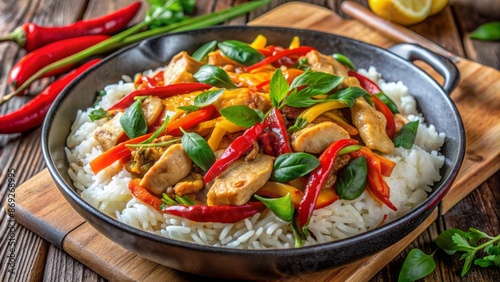 Vibrant, aromatic stir-fry dish featuring chicken, bamboo shoots, bell peppers, and Thai basil in spicy curry sauce, served over fluffy rice.