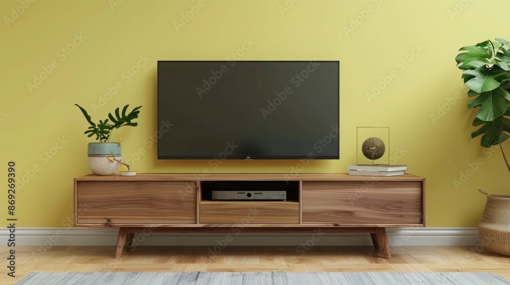 A modern walnut wood TV stand with clean lines, placed against a pale yellow luxury house wall. A modern walnut wood TV stand with clean lines, placed against a pale yellow luxury house wall.