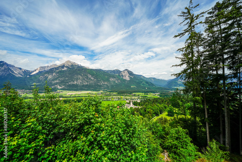 View of Matzen Castle and the Sonnwendjoch. Landscape in Tyrol with a view of the mountains and the surrounding nature.
 photo