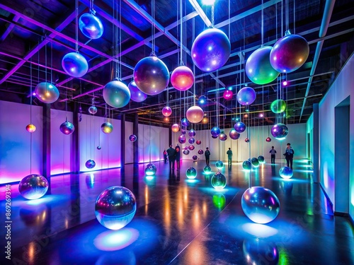 Sleek, dimly lit avant-garde gallery features futuristic sound art installations, suspended orbs, and neon-lit pathways, merging audio and visuals in an immersive, resonant space.