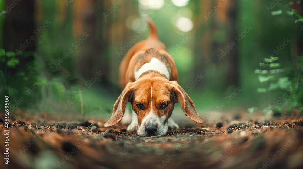 A Beagle dog with a white chest and brown fur, sniffing the ground in a forest. The dog is in focus while the background is blurred. A Beagle dog with a white chest and brown fur, sniffing the ground in a forest. The dog is in focus while the background is blurred.