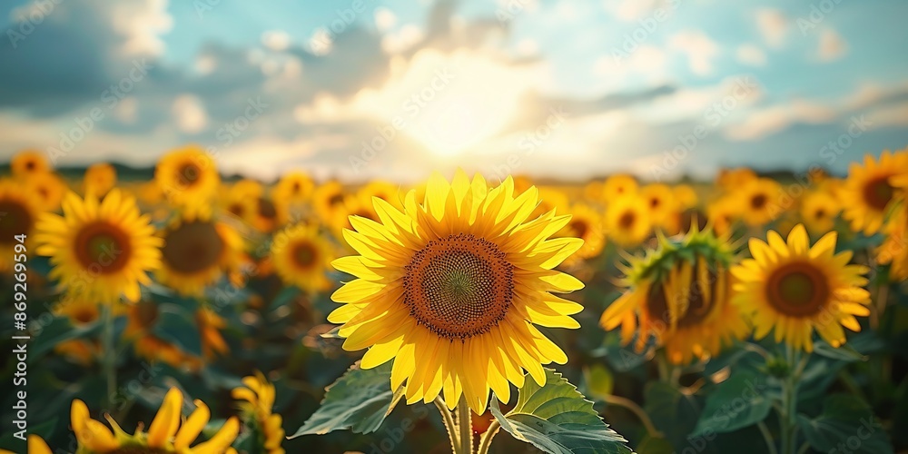 Sunlit Sunflower Field Under Stunning Sunset Sky Sunlit Sunflower Field Under Stunning Sunset Sky