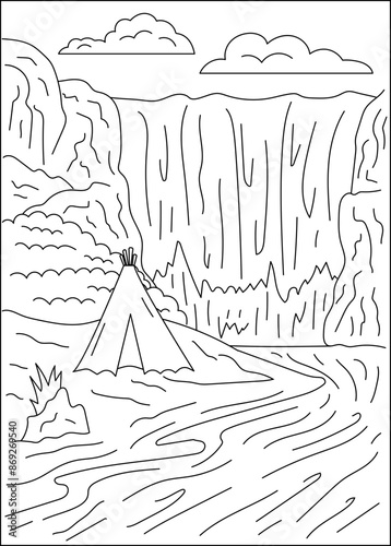 waterfall outdoor camping coloring book page