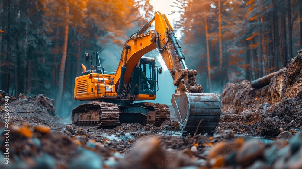 Excavator in forest clearing at dawn. Excavator working in a forest clearing at dawn, emphasizing the power and capability of construction machinery in challenging environments. Excavator in forest clearing at dawn. Excavator working in a forest clearing at dawn, emphasizing the power and capability of construction machinery in challenging environments.