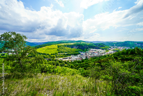 View from the Oestrich castle hill near Iserlohn. Landscape with green nature and mountains.
 photo