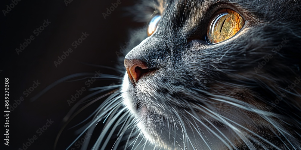 Close-Up of Cat's Face with Vibrant Eyes and Whiskers in Dramatic Lighting Close-Up of Cat's Face with Vibrant Eyes and Whiskers in Dramatic Lighting