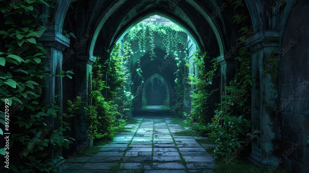 A mysterious stone pathway leads through an overgrown archway into a hidden jungle. The path is lined with lush foliage and the air is thick with mystery. A mysterious stone pathway leads through an overgrown archway into a hidden jungle. The path is lined with lush foliage and the air is thick with mystery.