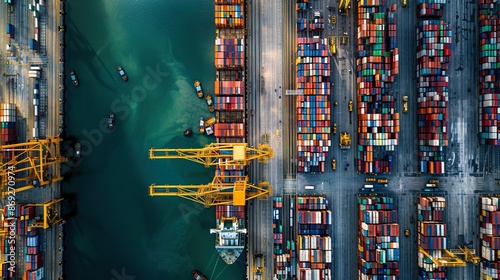 Aerial view of a busy shipping port with cargo containers and cranes. photo