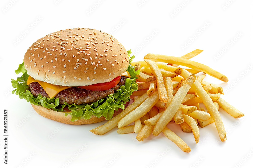 A classic burger with cheese, lettuce, tomato, and a side of French fries on a white background. The image provides copy space and showcases a popular fast-food meal. A classic burger with cheese, lettuce, tomato, and a side of French fries on a white background. The image provides copy space and showcases a popular fast-food meal.