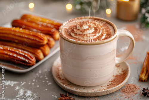 Family Enjoying Mexican Hot Chocolate and Churros Sweet Treats for Cinco De Mayo Celebration, Delight in Traditional Mexican Desserts and Festive Fun with Loved Ones