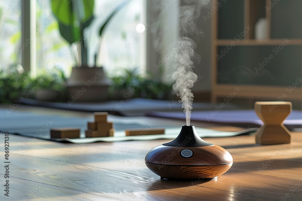 A modern essential oil diffuser releasing a fine mist in a cozy, sunlit room, creating a tranquil atmosphere for relaxation or yoga. The background includes yoga mats and blocks, suggesting A modern essential oil diffuser releasing a fine mist in a cozy, sunlit room, creating a tranquil atmosphere for relaxation or yoga. The background includes yoga mats and blocks, suggesting
