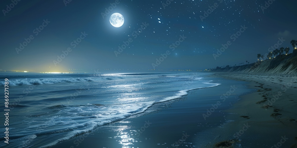 Serene Moonlit Beach with Gentle Waves under Starry Skies Serene Moonlit Beach with Gentle Waves under Starry Skies
