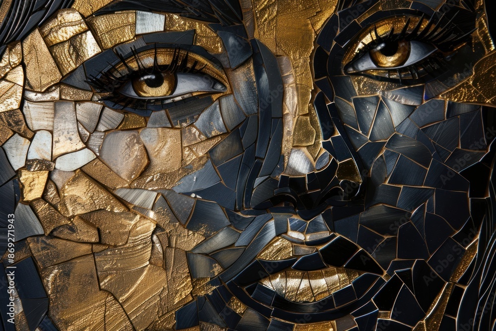Obraz premium Portrait of a woman in black and gold mosaic. Design wall, poster, modern art.