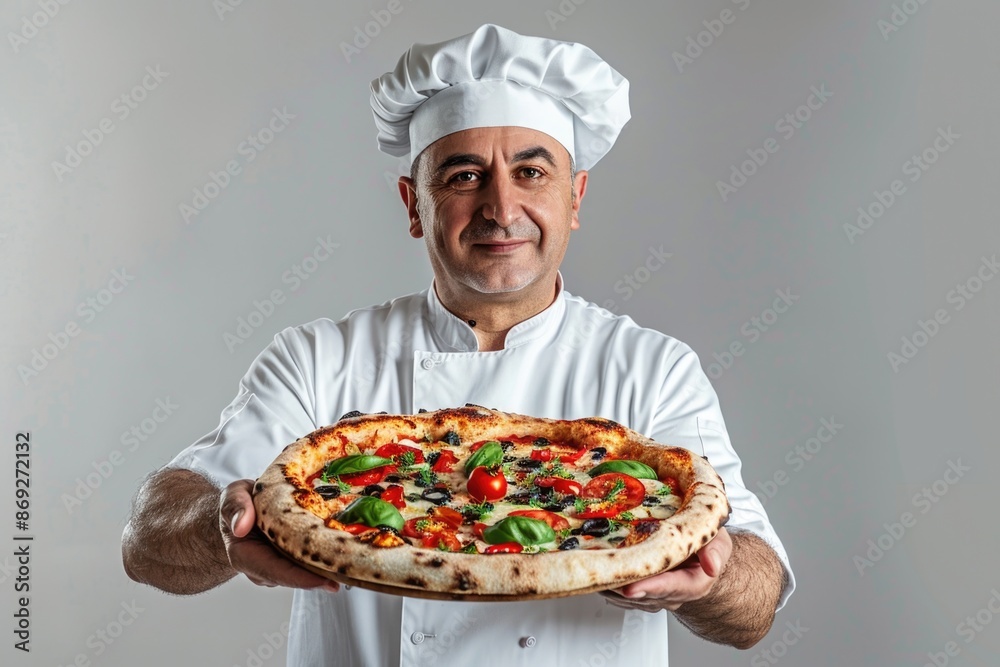 A chef proudly holds a freshly baked pizza, ready to serve A chef proudly holds a freshly baked pizza, ready to serve