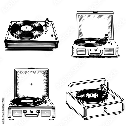 Retro vinyl record player. Vector flat monochrome image in line sketch style