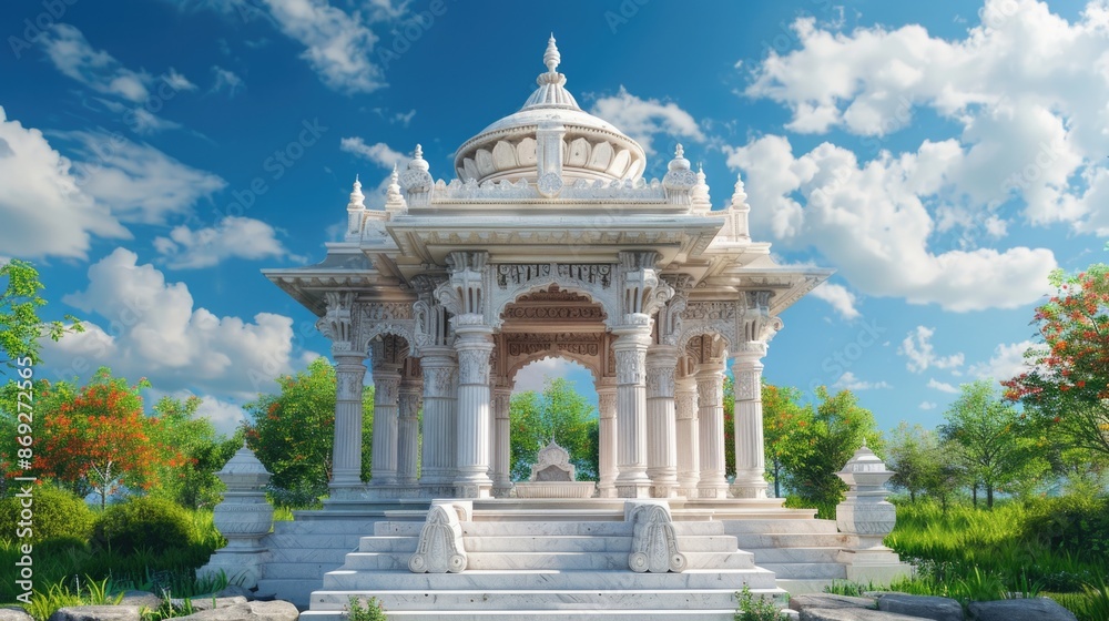 Fototapeta premium A small gazebo in a park with stone steps leading up to it