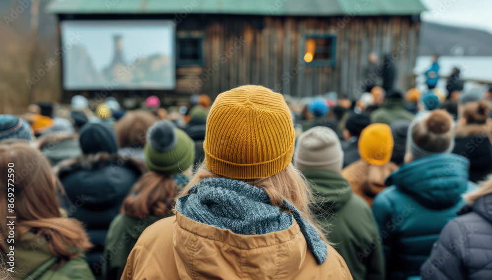 Group of People Attending an Environmental Film Screening on Earth Day, Raising Awareness about Conservation, Climate Change, and Sustainability Initiatives in a Community Event, 2023 Group of People Attending an Environmental Film Screening on Earth Day, Raising Awareness about Conservation, Climate Change, and Sustainability Initiatives in a Community Event, 2023