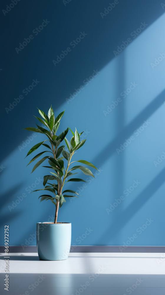 green plant in an empty room with blue wall minimalist photography, generative ai green plant in an empty room with blue wall minimalist photography, generative ai