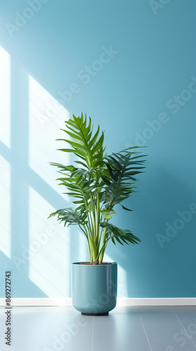 green plant in a vase in an empty room sun shadown blue wall, generative ai photo