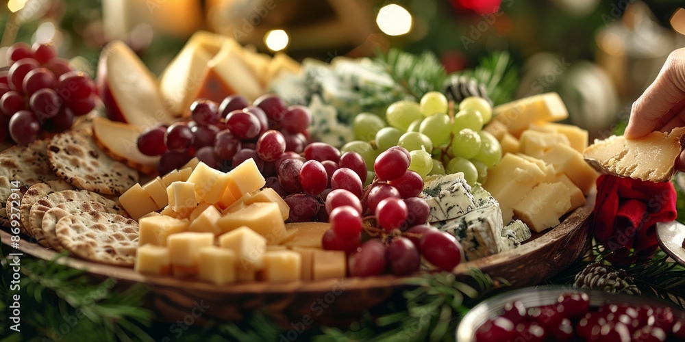 Festive Holiday Cheese and Fruit Platter with Crackers and Grapes Festive Holiday Cheese and Fruit Platter with Crackers and Grapes