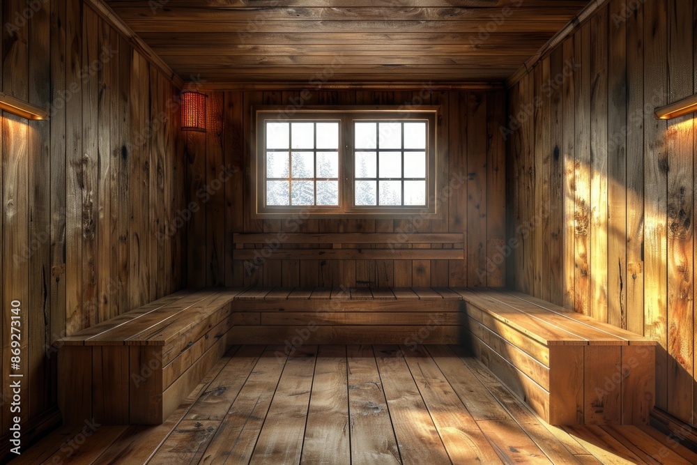 Cozy room with wooden walls and one large window