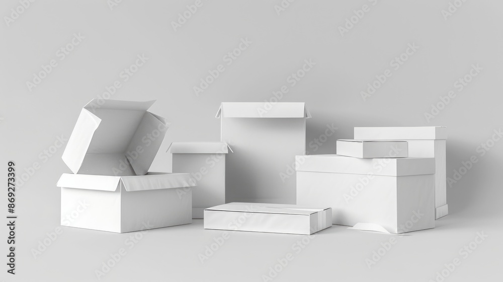 A collection of identical white boxes lined up side by side A collection of identical white boxes lined up side by side