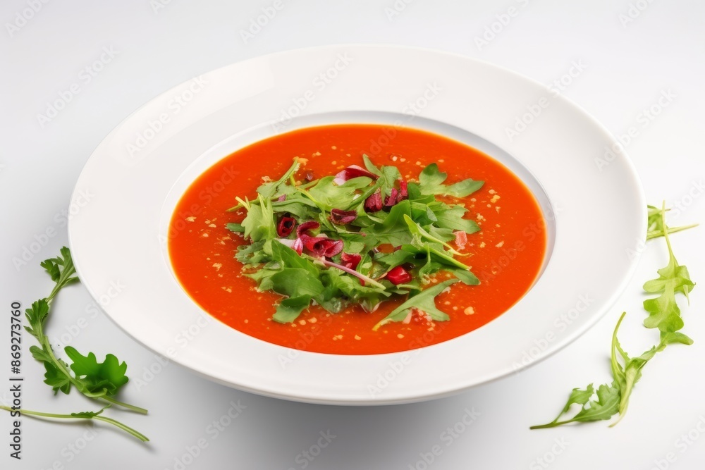 A white bowl of gazpacho, a cold Spanish soup, is garnished with fresh rocket salad and thinly sliced vegetables. The vibrant red color of the soup contrasts beautifully with the green garnish A white bowl of gazpacho, a cold Spanish soup, is garnished with fresh rocket salad and thinly sliced vegetables. The vibrant red color of the soup contrasts beautifully with the green garnish