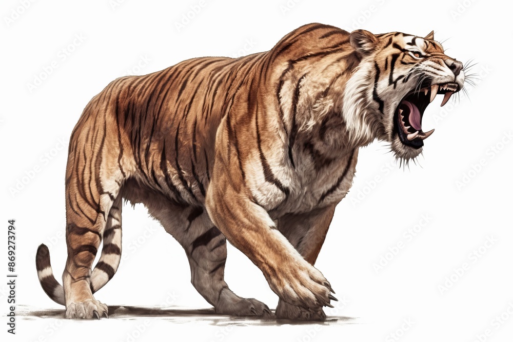 Obraz premium A fierce saber-toothed tiger is depicted in full growth, baring its long, sharp fangs. The image showcases the powerful muscles, striped fur, and intense expression of this prehistoric predator