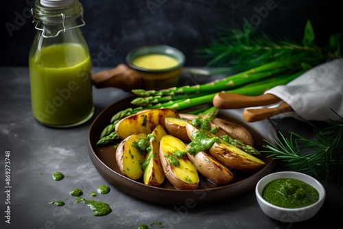 A plate of oven-cooked potatoes garnished with green sauce is paired with fresh asparagus and a bottle of green dressing. The dish is elegantly arranged on a dark surface, highlighting vibrant colors