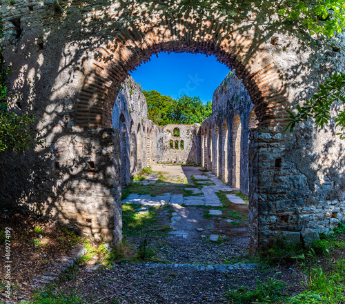 A view down the length of Grand Basilica in the ancient ruins at Butrint, Albania in summertime photo