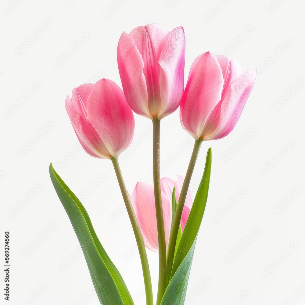 Three Pink Tulips in a Vase on a White Background Three Pink Tulips in a Vase on a White Background