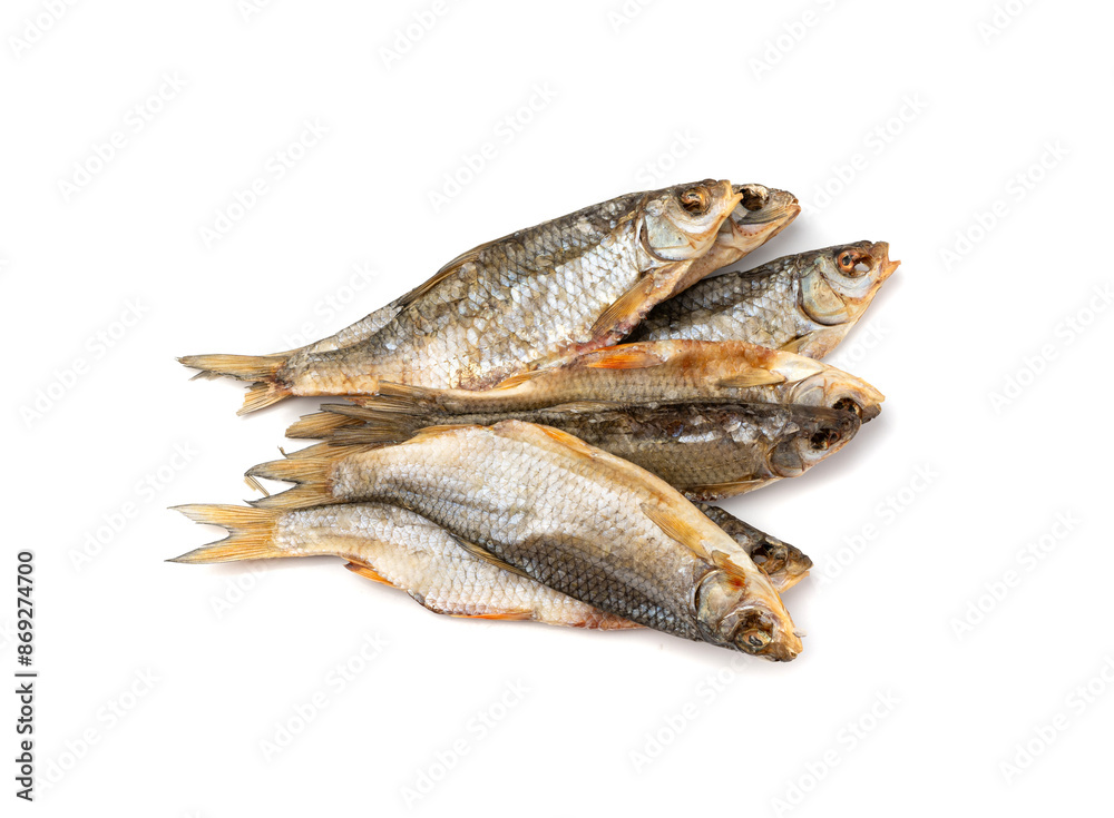 Dry roach, salted fish isolated, dried rutilus, taranka beer snack, whole salted and dried fish, prepared seafood Dry roach, salted fish isolated, dried rutilus, taranka beer snack, whole salted and dried fish, prepared seafood