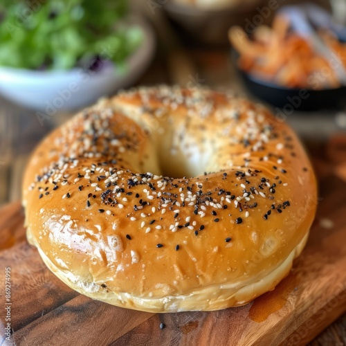 Bagel on Wooden Cutting Board © zz