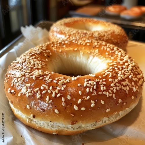 Two Sesame Seed Bagels on Table