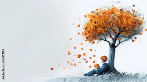 Happy Child savoring Pumpkin Ice Cream in Autumn | Hand-drawn Illustration of Playful Kid under Falling Leaves Eating Seasonal Treat photo
