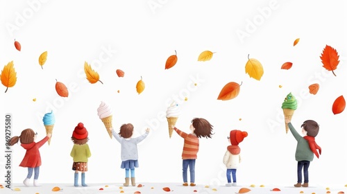 Nostalgic Hand-drawn Sketch of Children Playing in Park with Ice Cream Cones Amid Autumn Leaves