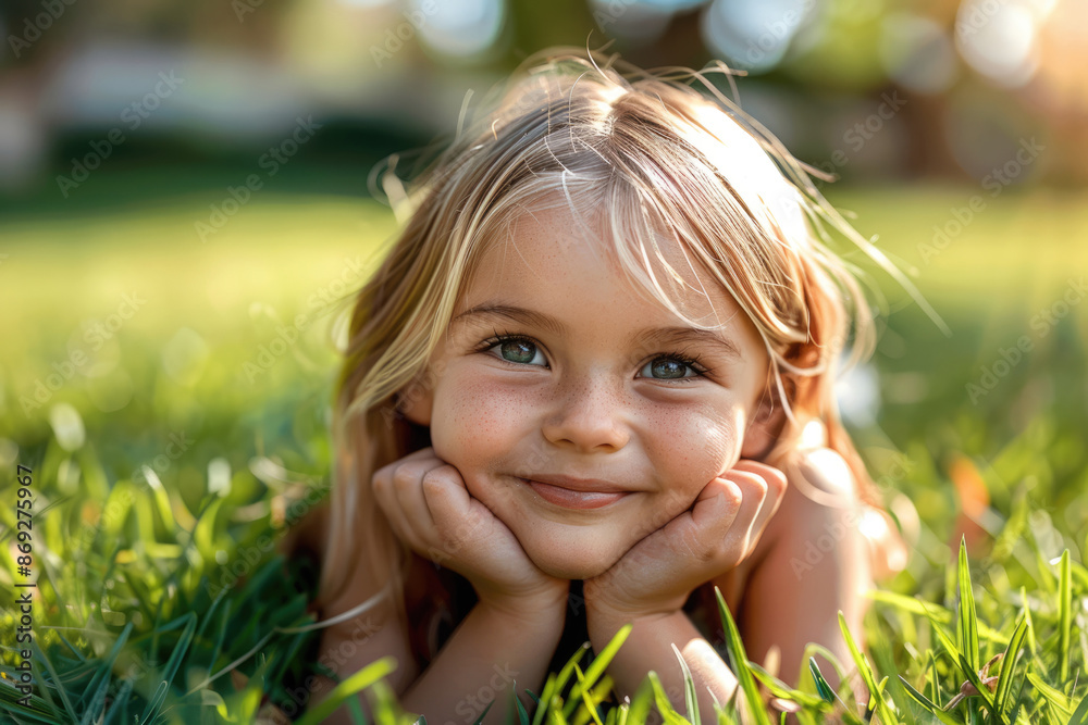 A little blonde girl lying on the grass A little blonde girl lying on the grass