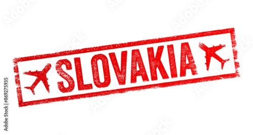 Slovakia - is a landlocked country in Central Europe, text emblem stamp with airplane photo